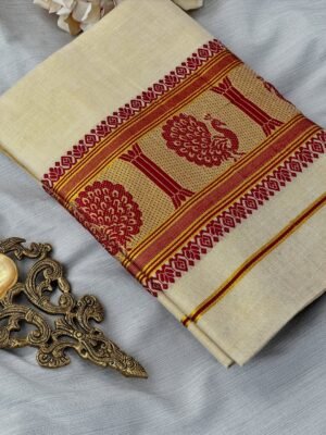 Elegant tissue set saree with rich maroon peacock motifs 🦚 and golden detailing ✨ #onam #kerala Premium Peacock Kasavu Set Saree