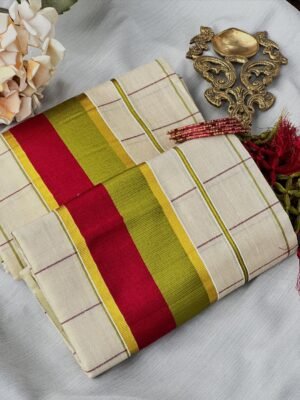 Onam special Classic cotton-sett mundu with vibrant maroon & olive green borders 🌿✨#onam #onams Premium Set Mund