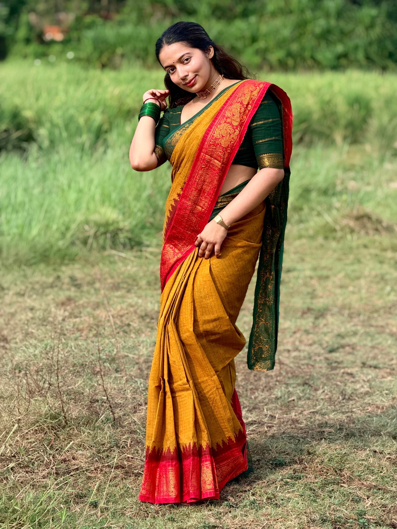 Traditional Madurai Sungudi Cotton Saree with  Check Blouse Piece