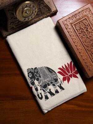 Kerala Traditional Gaja Printed Set Saree