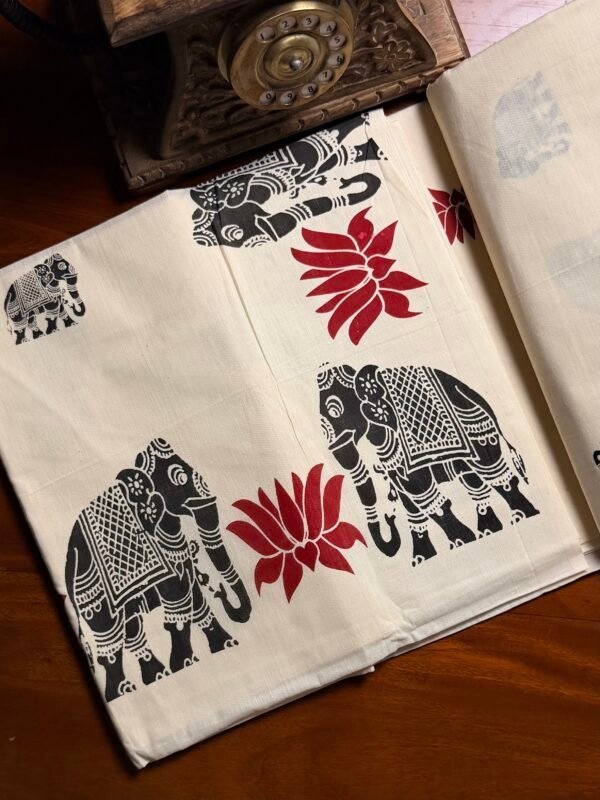 Kerala Traditional Gaja Printed Set Saree